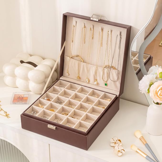 Frebeauty 50 Grid Earring Holder Organizer,2 Layer Jewelry Box for Women | Faux Leather,Velvet Lining,Adjustable Divider,Jewelry Organizer for Ring Necklace and Bracelet,for Home Use and Jewelry Store