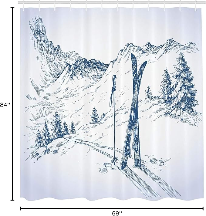Ambesonne Winter Shower Curtain, Sketchy Graphic of a Downhill Ski Elements in Snow Relax Calm View, Cloth Fabric Bathroom Decor Set with Hooks, 69" W x 84" L, Pale Blue White