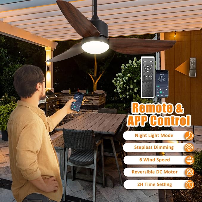 Depuley Outdoor Ceiling Fan with Light: 42 Inch Waterproof Gazebo Fans with Lights Outdoor Hanging - Plug in Remote App Control for Patio Indoor Farmhouse Porch - 6 Speed Reversible DC Motor Walnut
