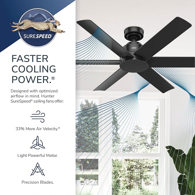 Hunter Kennicott, Outdoor or Indoor, Ceiling Fan, 52 inch, Matte Black | No Light, Standard Mount, Wall Control, 6 Blades, For Living Room, Patio, Porch, Garage, 51180