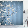 Ambesonne Japanese Shower Curtain, Spring Season Sakura Bloom Design Romantic Cherry Blossom on Blurry Branches, Cloth Fabric Bathroom Decor Set with Hooks, 69" W x 84" L, Blue Grey Ivory