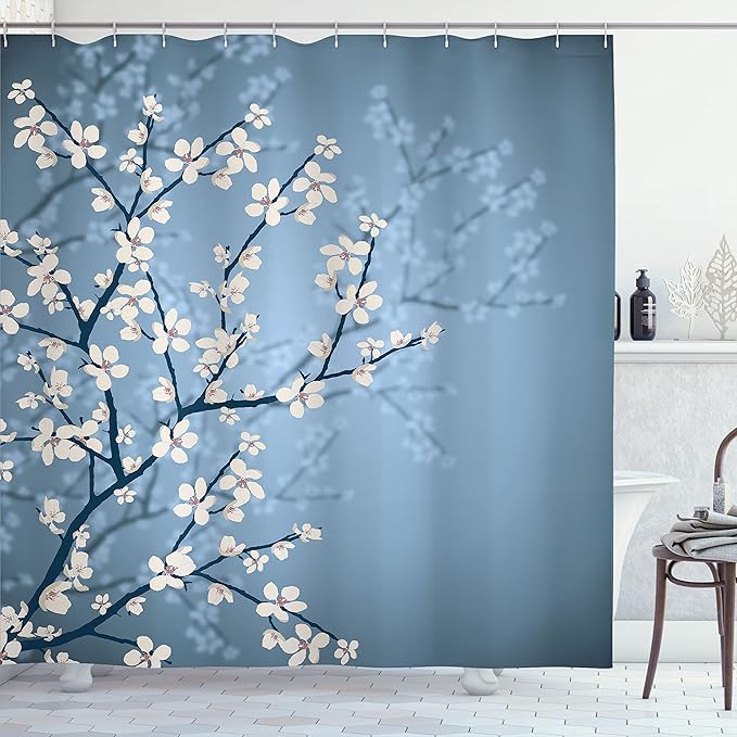 Ambesonne Japanese Shower Curtain, Spring Season Sakura Bloom Design Romantic Cherry Blossom on Blurry Branches, Cloth Fabric Bathroom Decor Set with Hooks, 69" W x 84" L, Blue Grey Ivory