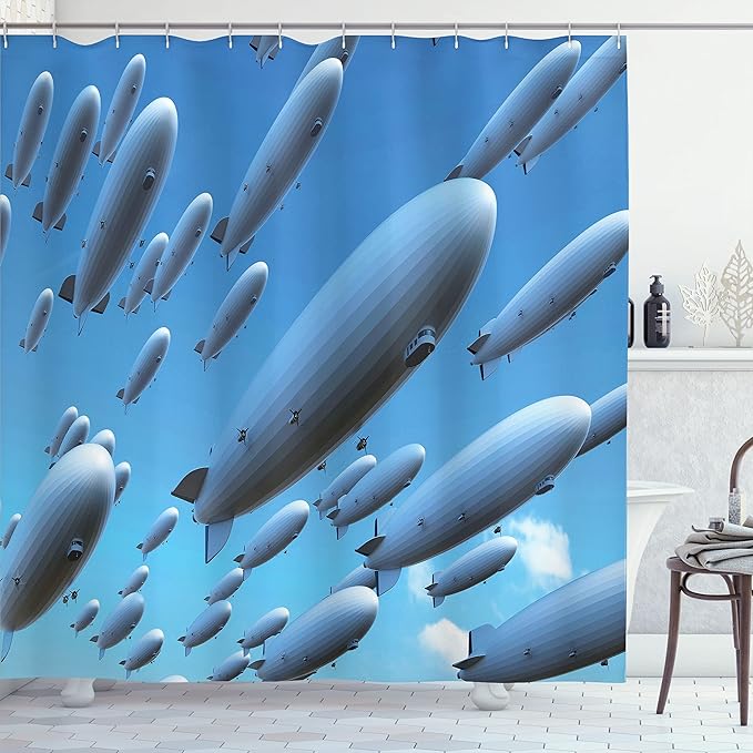 Ambesonne Zeppelin Shower Curtain, Many Fleet Airships Flying in The Sky Aviation Flight Invasion Air Picture Print, Cloth Fabric Bathroom Decor Set with Hooks, 69" W x 70" L, Soft Blue