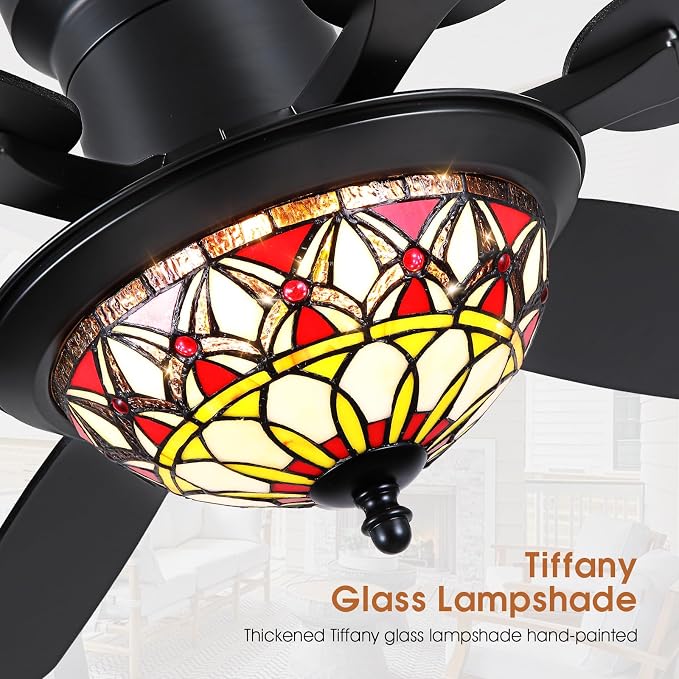 Tiffany Ceiling Fans with Lights - 52" Ceiling Fan Chandelier with Stained Glass Shade, 6 Speeds Reversible 6 Dual-Blades, Flush Mount, 3 CCT Dimmable LED Lights, Remote & APP Control, Retro Style
