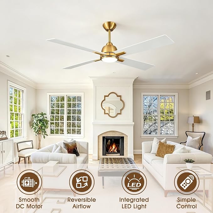 48" Modern White & Gold Ceiling Fan with LED Light and Remote Control, Quiet Reversible DC Motor, 6-Speed Indoor Ceiling Fan for Bedroom, Living Room, Dining Room