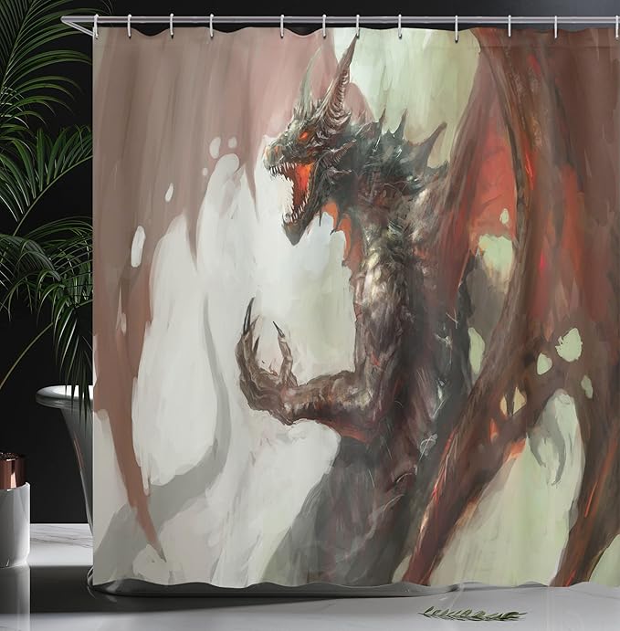 Ambesonne Medieval Shower Curtain, Scary Ilustration of a Mythological Creature Fantasy World Dragon Imaginary Culture Horror Concept, Fabric Bathroom Decor Set with Hooks, 69" W x 75" L, Red Brown