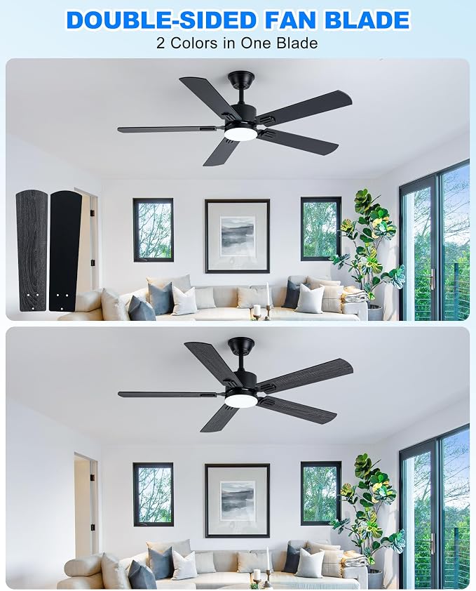 Coolwind 56 Inch Black Modern Ceiling Fan with Display Remote/APP Control, Quiet Ceiling Fan with Light with 8 Speeds & 3CCT, Dimmable, Timer, DC Reversible Motor for Bedroom, Living Room