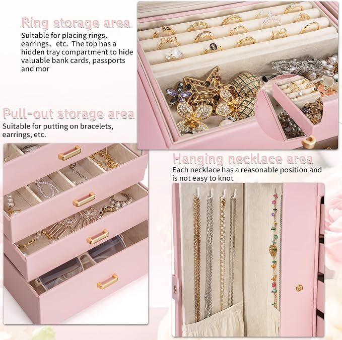 AKOZLIN 6-Tier Jewelry Box Organizer Functional 5 Drawers Leather Jewelry Storage Case for Women Girls Ring Necklace Earring Bracelet Holder Organizer with Mirror Extra Large Champagne Pink