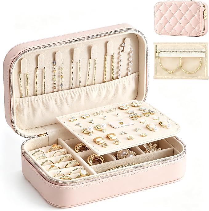 Lolalet Travel Jewelry Case for Women Girls, PU Leather Jewelry Organizer with Clear Storage Bag Small Portable Jewelry Box for Necklace Bracelet Earring Ring Birthday Bridesmaid Gifts -Medium/Pink