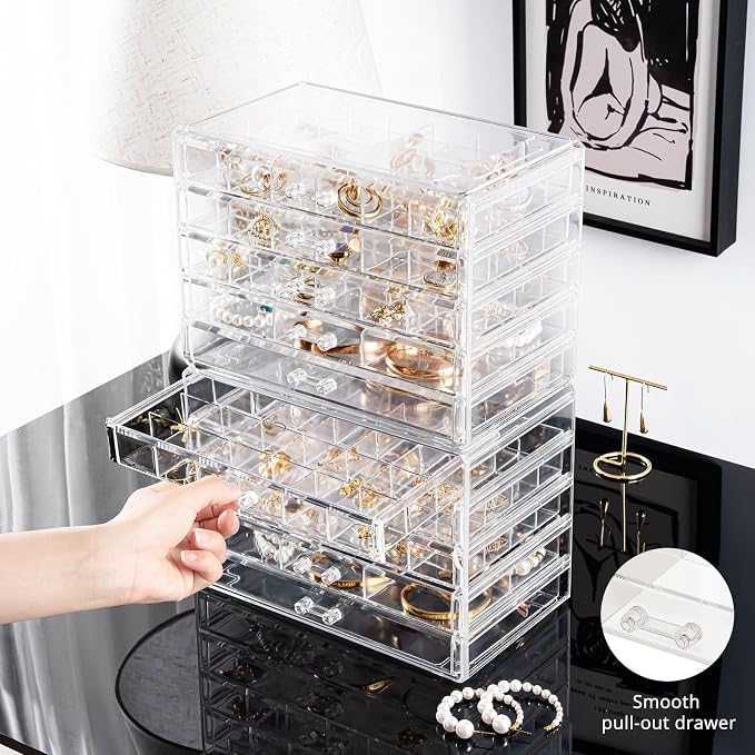 ProCase Acrylic Earrings Holder Organizer Box -Clear, 10 Layers | 158 Jewelry Storage Grid Large Clear Compartments Transparent Stackable Drawers Jewelry Display for Earring Ring Bracelet