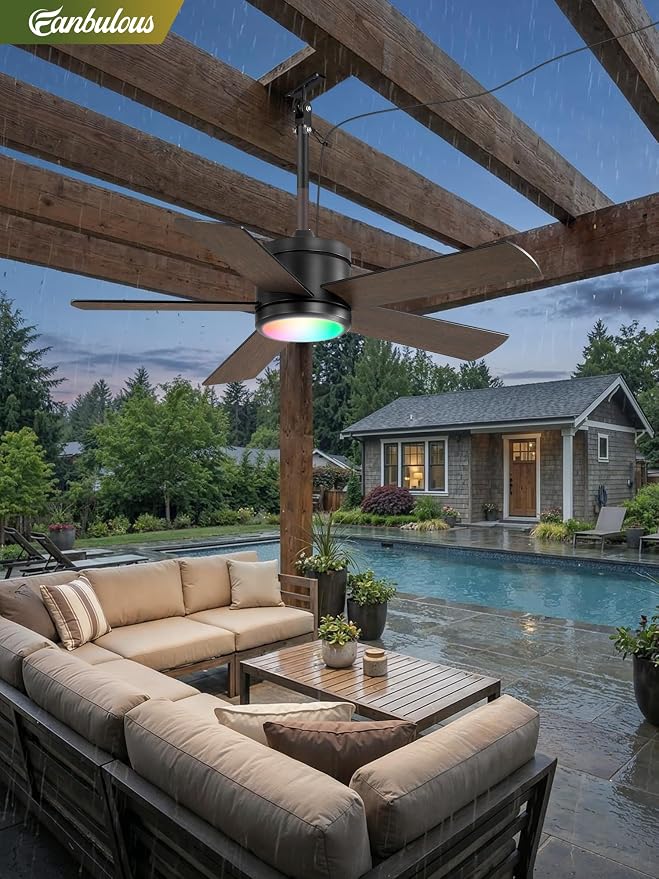 Fanbulous 42" Outdoor Ceiling Fans with Lights, APP Remote Control, IP65 Waterproof, RGB Dimmable Light, Plug-and Play,10FT Cord, 6-Speeds, 3CCT, Hook Hanging Fan for Gazebo Patio Porch Canopy(Black)