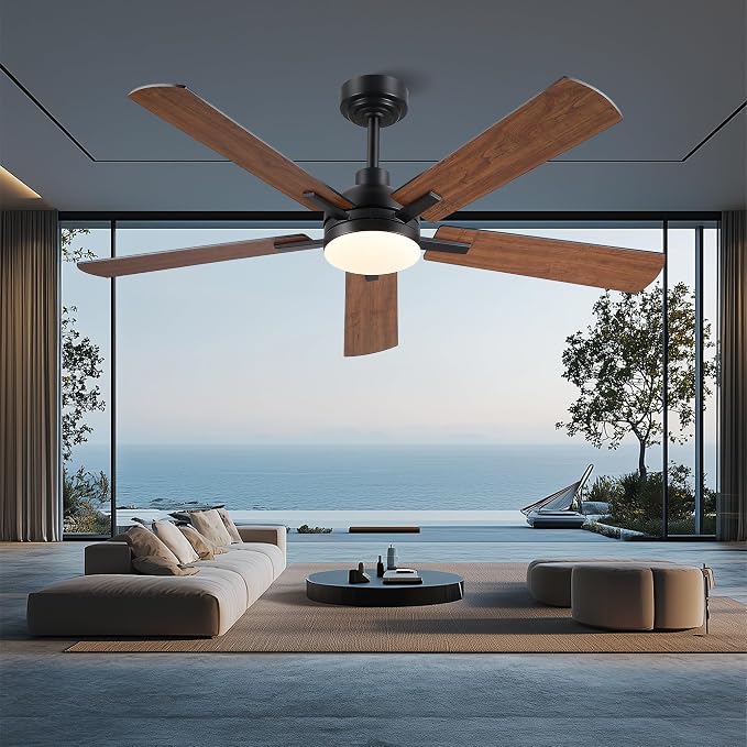 JSAITEE 52 Inch Smart Ceiling Fan with Lights, Remote & App Control, DC Reversible Motor, 6 Speeds Quiet 35dB, 3CCT Dimmable LED, Low Profile Modern Ceiling Fans for Bedroom Living Room, Brown