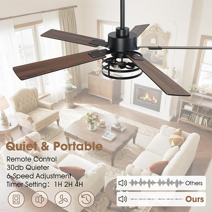 52" Farmhouse Ceiling Fan with Light and Remote, Ceilings Fan Dual Finish 5 Blades 6-Speed Quiet and Reversible DC Motor, Rustic Ceiling Fans with Light for Bedroom Living Room and Kitchen