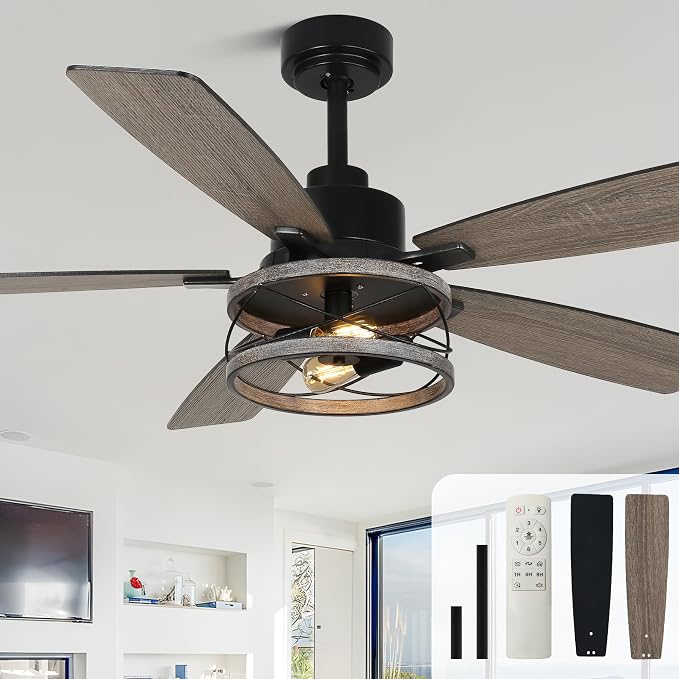 52" Farmhouse Ceiling Fan with Lights and Remote Rustic Fandelier | Wood Caged Fandalier Industrial Chandelier, for Bedroom Living Room, Reversible DC Motor 6 Speed, 3 E26 Bulbs (Not Included)