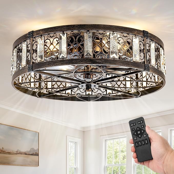LEDIARY 20" Caged Ceiling Fans with Lights,Flush Mount Vintage Victorian Rustic Crystal Fandelier,Low Profile Farmhouse Enclosed Ceiling Fan with Light and Remote for Bedroom,Kitchen,Indoor,Black Gold