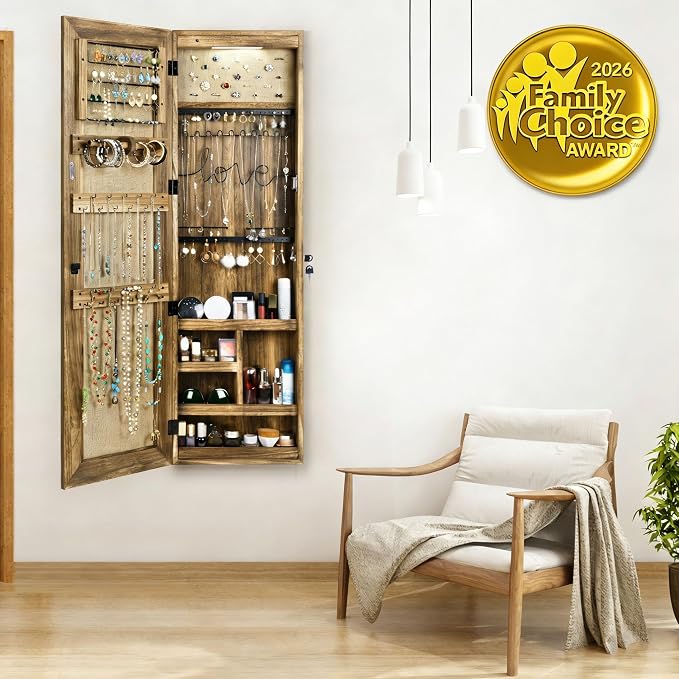 SRIWATANA Jewelry Cabinet with Mirror, Lockable Door, Carbonized Black | Space-Saving Wall & Door Mounted Solid Wood Jewelry Armoire; Large Capacity Organizer with Lockable Door for Jewelry