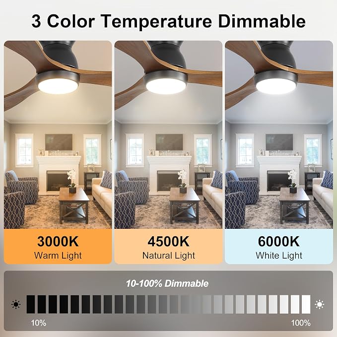 52 Inch Ceiling Fan with Light and Remote & APP Control, 3 Wooden Blades, 6 Wind Speeds, Quiet DC Motor, Indoor Flush Mount Ceiling Fan for Bedroom Living Room Farmhouse Patio