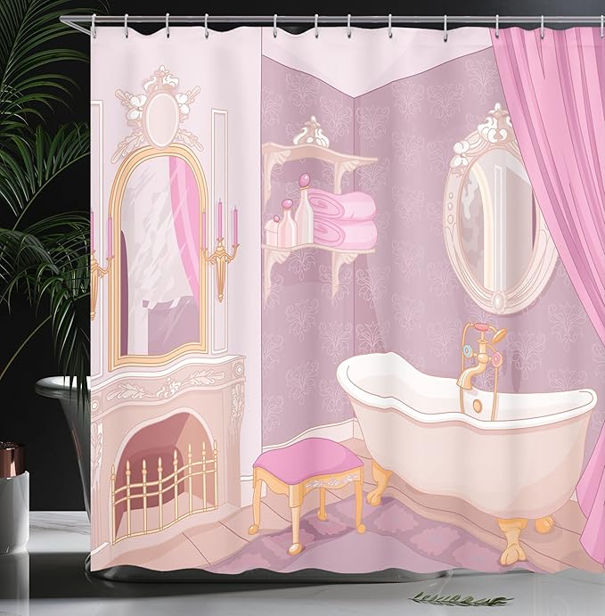 Ambesonne Feminine Shower Curtain, Design in The Palace of The Cartoon Bathtub Cabinet Mirror Washroom, Cloth Fabric Bathroom Decor Set with Hooks, 69" W x 75" L, Beige Pink
