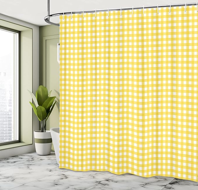 Ambesonne Checkered Shower Curtain, Classic English Pattern in Yellow Picnic in Summertime Theme Retro Striped, Cloth Fabric Bathroom Decor Set with Hooks, 69" W x 70" L, Yellow White