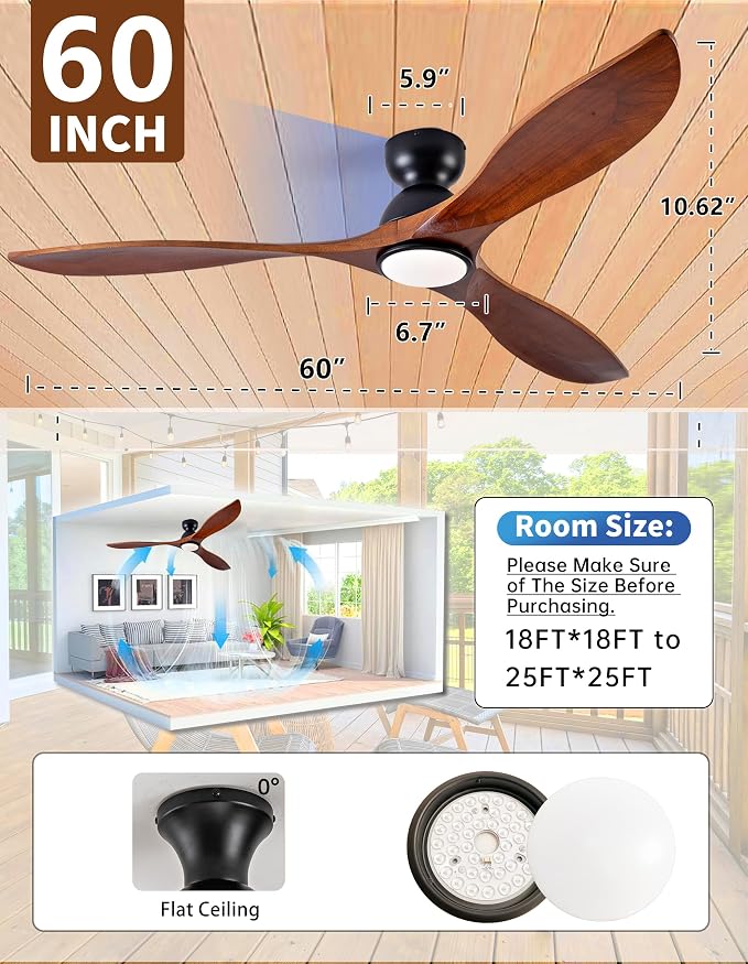 60 Inch Low Profile Ceiling Fans with Lights and Remote, Flush Mount 3 Blade Wood Ceiling Fan,Dimmable,Quiet Noiseless for Patios,Living Room,Bedroom(Wall Control Switch)