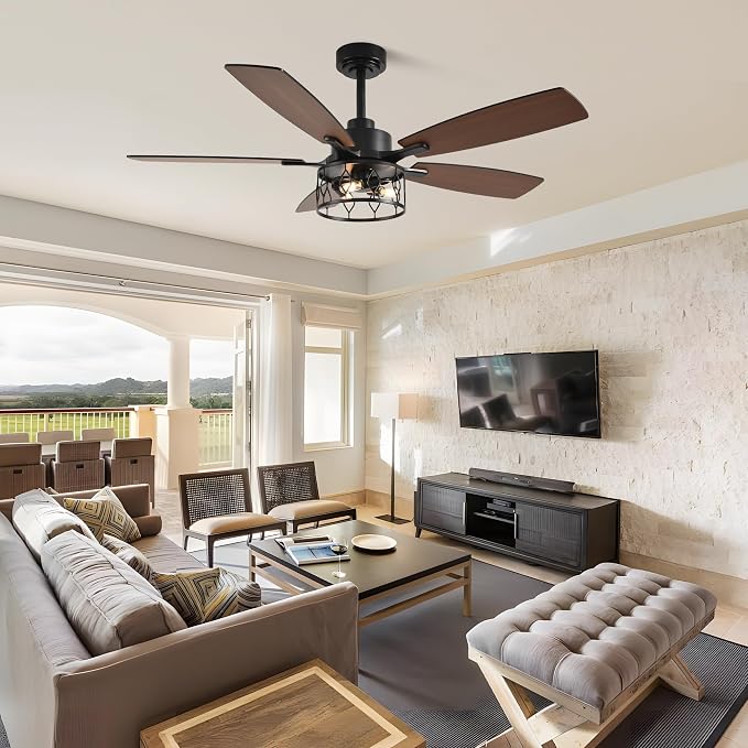 52'' Rustic Caged Ceiling Fan with Light and Remote Control | Reversible Quiet DC Motor,6 Speed,Timer Dual-Sided Wood Blades,Farmhouse Ceiling Fan for Living Room,Dining Room,Bedroom
