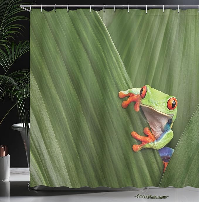 Ambesonne Animal Shower Curtain, Red Eyed Tree Frog Hiding in Exotic Macro Leaf in Costa Rica Rainforest Tropical Nature, Cloth Fabric Bathroom Decor Set with Hooks, 69" W x 84" L, Green