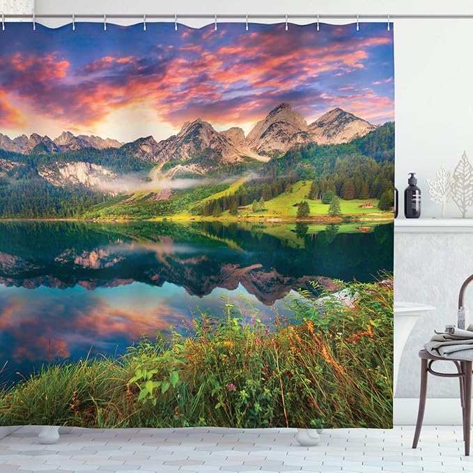 Ambesonne Landscape Shower Curtain, Summer Sunrise on Vorderer Gosausee Lake in The Austrian Alp Mountains, Cloth Fabric Bathroom Decor Set with Hooks, 69" W x 70" L, Pink Green