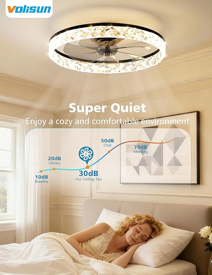 VOLISUN Low Profile Ceiling Fan with Lights and Remote, No Assembly, 20in Modern Ceiling Fans Flush Mount, 3000K-6500K Dimmable Bladeless LED Fan Light, Black Fandelier Ceiling Fans for Bedroom