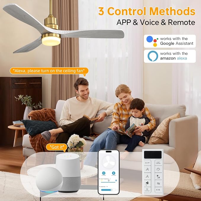 Sofucor Smart Ceiling Fan, 52" Low Profile Ceiling Fans with Lights and Remote, Compatible with Alexa/Google/App, 3-Color Light 6-Speed DC Motor Reversible Timer for Bedroom Living Room Patio Outdoor
