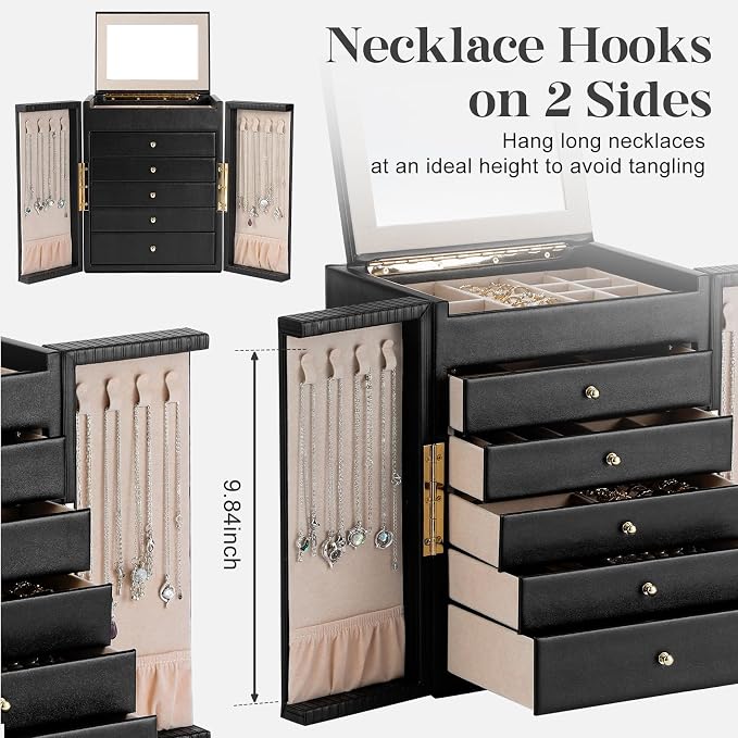 Dajasan Large Jewelry Organizer Box, 6-Tier Jewelry Storage Case with 5 Drawers, Jewelry Boxes for Women Girls with Mirror, Double Door, Textured PU Leather, Gift Idea, Stylish (Black + Gold)