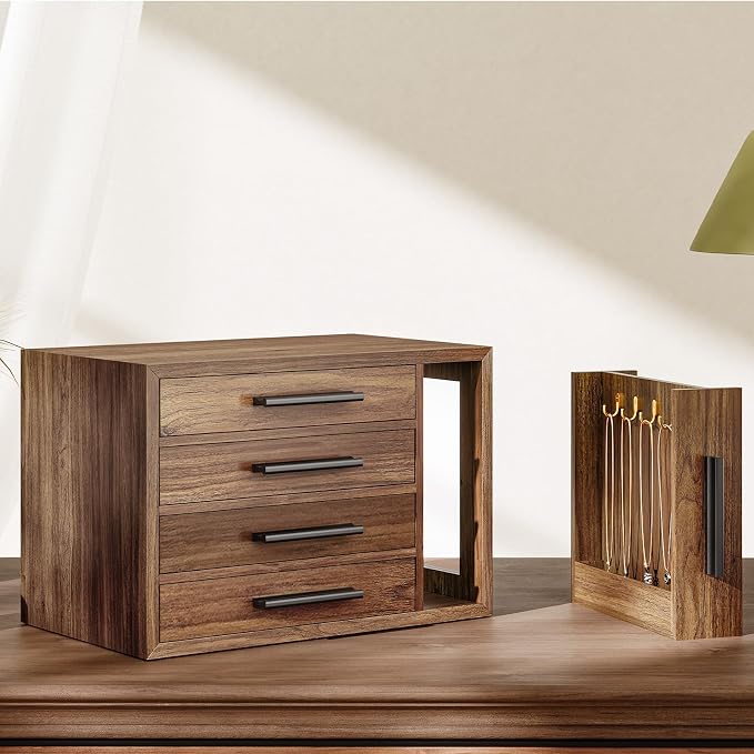 HOOBRO Jewelry Box for Women, Wooden Jewelry Organizer with Transparent Window, 4-Layer Jewelry Organizer Box, Jewelry Holder Organizer for Earrings, Necklaces, Rings, Walnut and Black BH09JB04