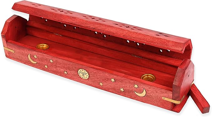 Incense Garden Pack of 2 Incense Stick Holder - Coffin Style - Wood Incense Stick Burner with Sun Moon Star Handmade with Brass Inlays (Red)
