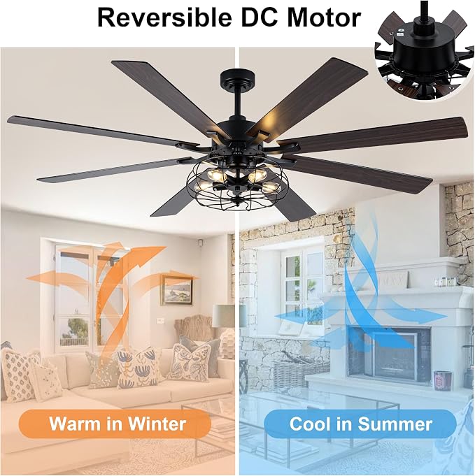 72" Farmhouse Ceiling Fan with Light Industrial Caged Ceiling Fan | Large Rustic Fandelier, Black Metal Chandelier Light for Living Room Covered Outdoor, 5 E26 Bulbs (Not Included), 6 Speeds