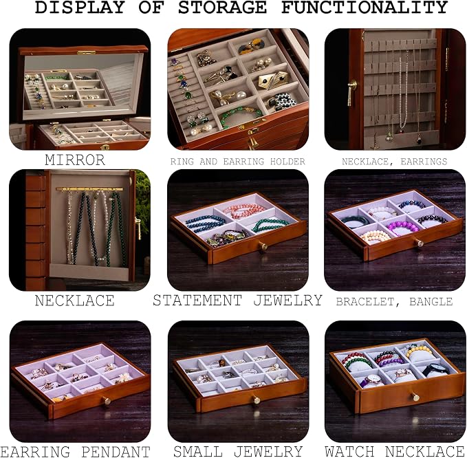 Wooden Jewelry Box,jewelry boxes for women large,jewlrey box&organizers with necklace hanger,jewerly organizer,9-layer large capacity jewelry storage box for jewelry