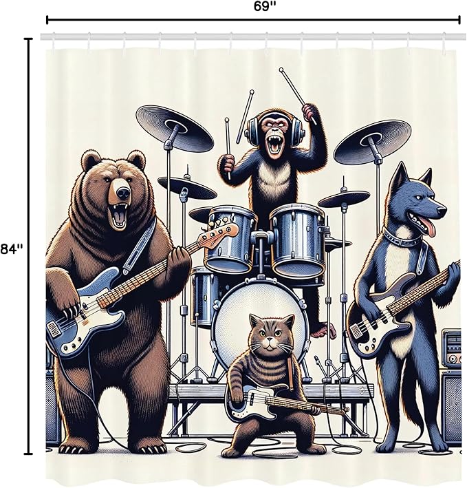 Ambesonne Musician Animals Shower Curtain, Humorous Band with Wolf Bear Cat and Monkey Rock Concert, Cloth Fabric Bathroom Decor Set with Hooks, 69" W x 84" L, Lavender Blue Brown White