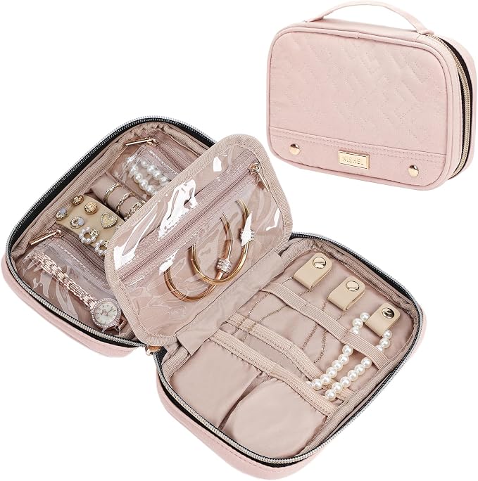 NISHEL Travel Jewelry Case Organizer, Tangle-Free Necklace Storage Bag | Stores rings, earrings, bracelets and watches in a compact case for travel, vacations and daily use, Pink, Small