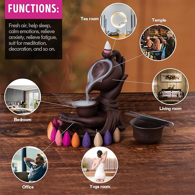 Waterfall Incense Burner Buddha Hand Backflow Incense Waterfall Burner Smoke Incense Holder Waterfall with 100 Incense Cones 10 Kind of Scents