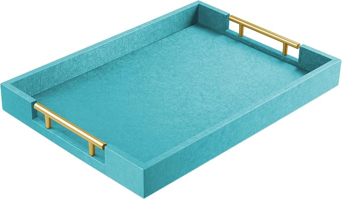 ATZYmolin 17"x12" Leather Serving Tray, Gold Handle Vanity Platter, Blue | Rectangle Ottoman Decor Tray, Polished Metal Handles, Coffee Table Bathroom Home Decorative Wood Tray