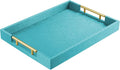 ATZYmolin 17"x12" Leather Serving Tray, Gold Handle Vanity Platter, Blue | Rectangle Ottoman Decor Tray, Polished Metal Handles, Coffee Table Bathroom Home Decorative Wood Tray