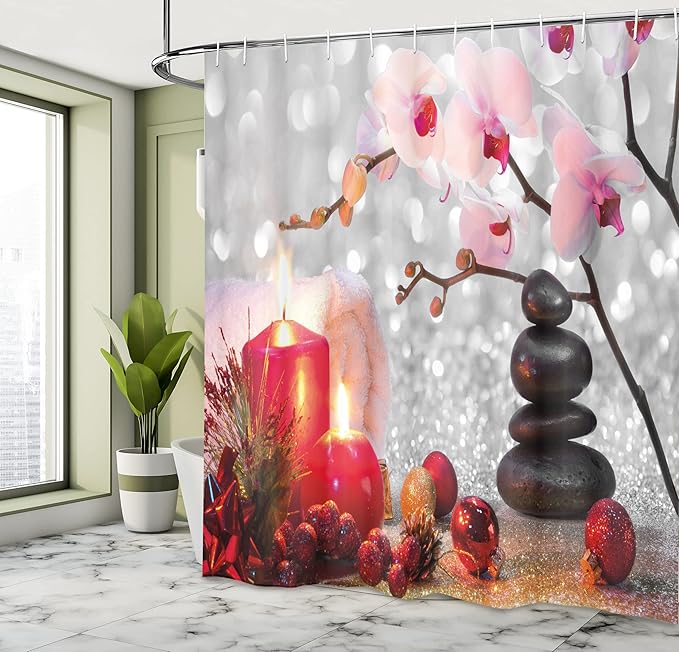 Ambesonne Spa Shower Curtain, Winter Christmas Themed with Pink Orchid Stone and Red Candles Image, Cloth Fabric Bathroom Decor Set with Hooks, 69" W x 84" L, White and Black