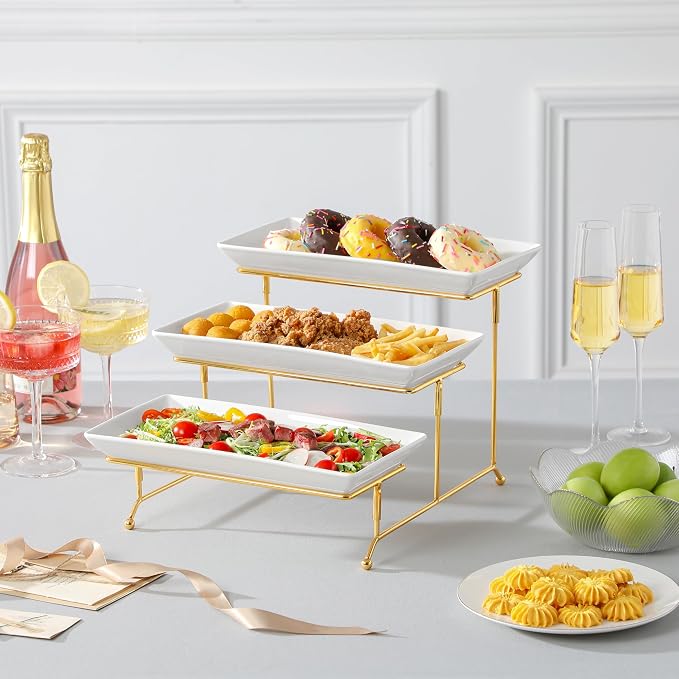 MALACASA 3 Tier Serving Trays for Party, 12 Inch Porcelain White Trays for Serving Food, Dessert Stand with Collapsible Gold Metal Rack | Tiered Serving Stand for Party, Fruit Tray, Trays for Serving Food, Dessert Stand with Collapsible Sturdier Gold M...