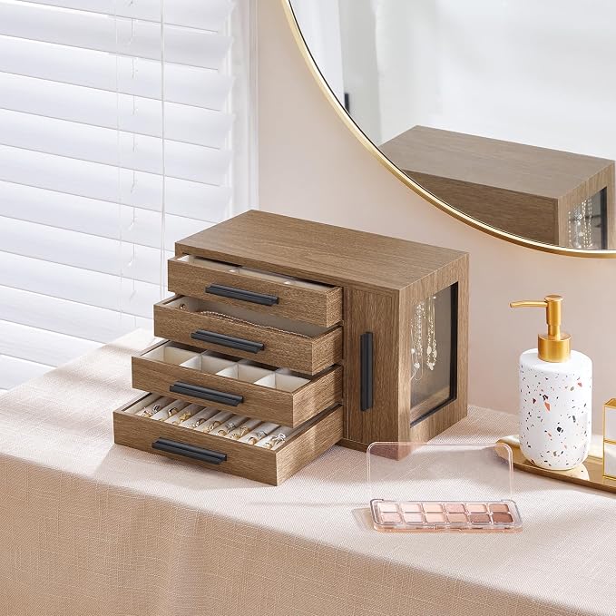 HOOBRO Jewelry Box for Women, Wooden Jewelry Organizer with Transparent Window, 4-Layer Jewelry Organizer Box, Jewelry Holder Organizer for Earrings, Necklaces, Rings, Light Walnut and Black BSD09JB04