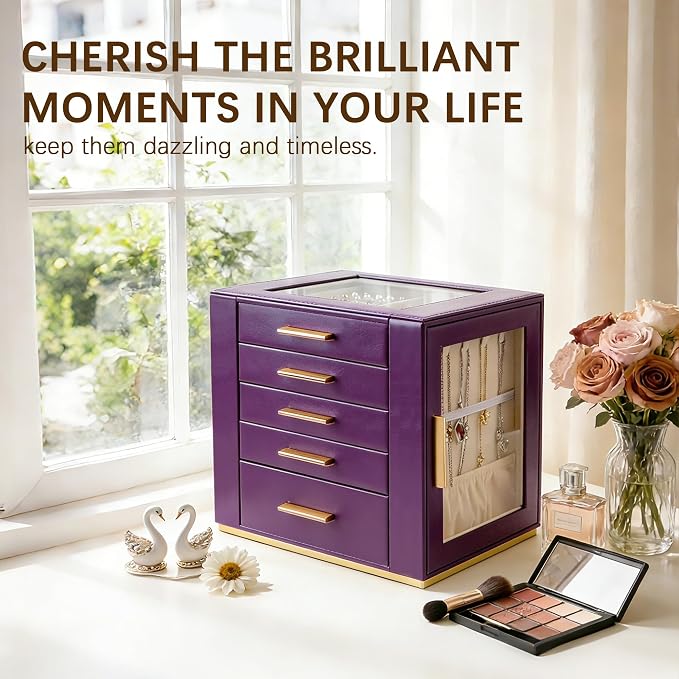 Homeanda Jewelry Box for Women with Glass Lid, 5 Drawers Jewelry Organizer and Storage for Necklaces, Rings, Earrings, Bracelets, Gift for Girls and Teens,PU Leather (Purple)