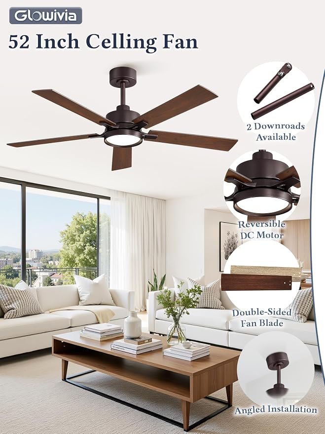 52 Inch Ceiling Fan with Lights and Remote, Smart APP Control, Dimmable with All-Setting Memory, Quiet DC Motor Reversible Blades, Damp Rated Modern Ceiling Fan for Bedroom Patio Living Room