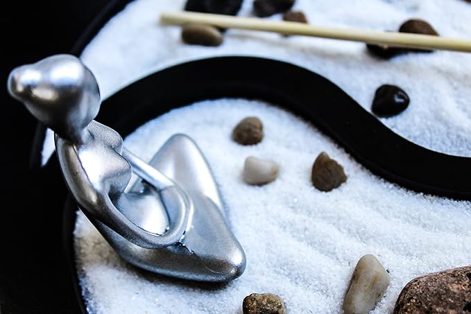 Zen Garden Deluxe Desk Meditation Garden Yin Yang Base with Silver Statue, Sand, Rocks, Rake, Incense and Incense Burner - Peace & Tranquility