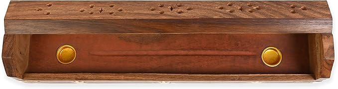 Incense Garden Pack of 2 Incense Stick Holder - Coffin Style - Wood Incense Stick Burner with Kush Inlays (Natural) Handmade with Brass Inlays