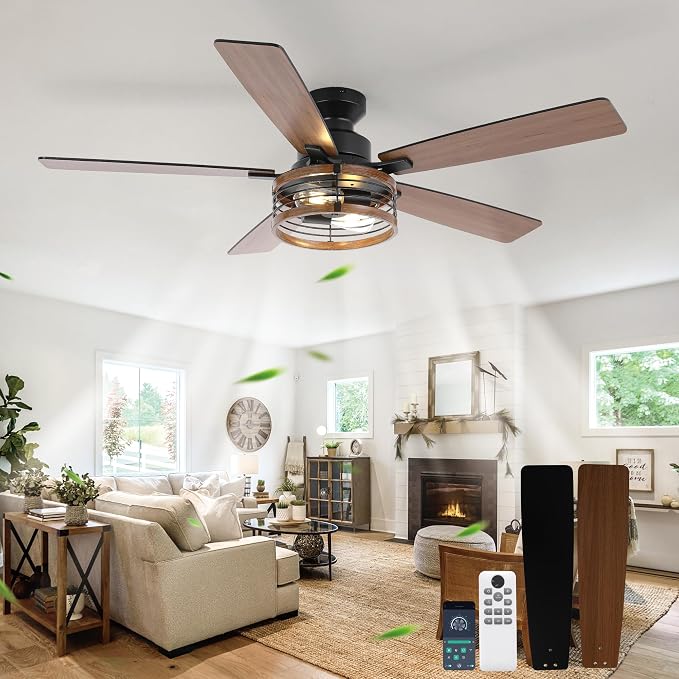 Qcyuui 52" Ceiling Fans with Lights and Remote Farmhouse Ceiling Fan with Light, 6-Speed Reversible DC Motor, Dual Finish 5 Blades, Rustic Caged Ceiling Fan for Bedroom Living Room,Black Walnut