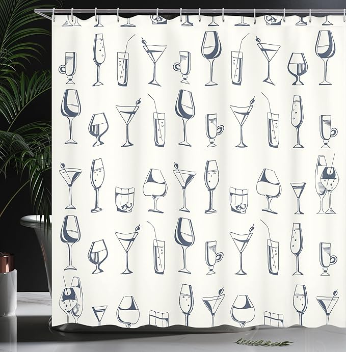 Ambesonne Drink Shower Curtain, Repeating Pattern with Hand Drawn Alcohol Beverages and Cocktails Glasses, Cloth Fabric Bathroom Decor Set with Hooks, 69" W x 70" L, Dark Violet Off White
