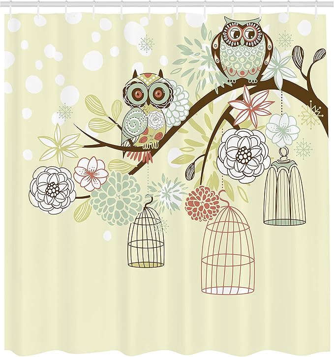 Ambesonne Owls Shower Curtain, Winter Floral Background Blossoms Owls Out of Their Cages Birdcage Freedom, Cloth Fabric Bathroom Decor Set with Hooks, 69" W x 84" L, Green Brown