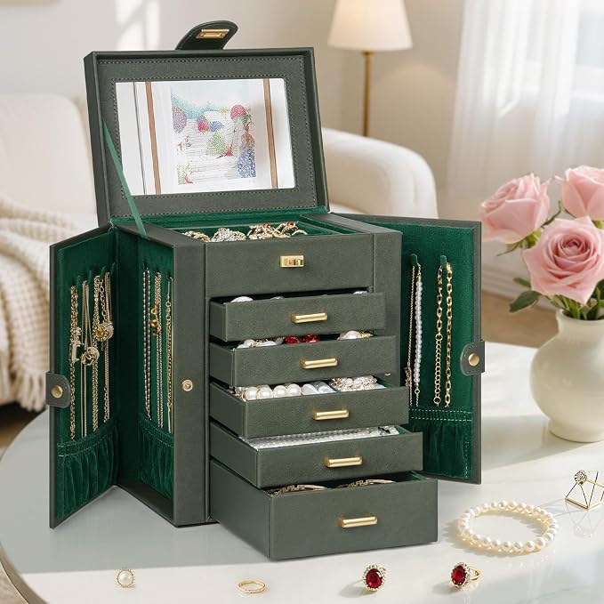 AKOZLIN 6-Tier Jewelry Box Organizer Functional 5 Drawers Leather Jewelry Storage Case for Women Girls Ring Necklace Earring Bracelet Holder Organizer with Mirror DrakGreen Regular